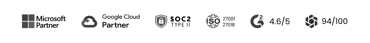 Microsoft Partner, Google Cloud Partner, SOC 2 Type II, ISO 27001/27018, G2 4.6/5, 94/100